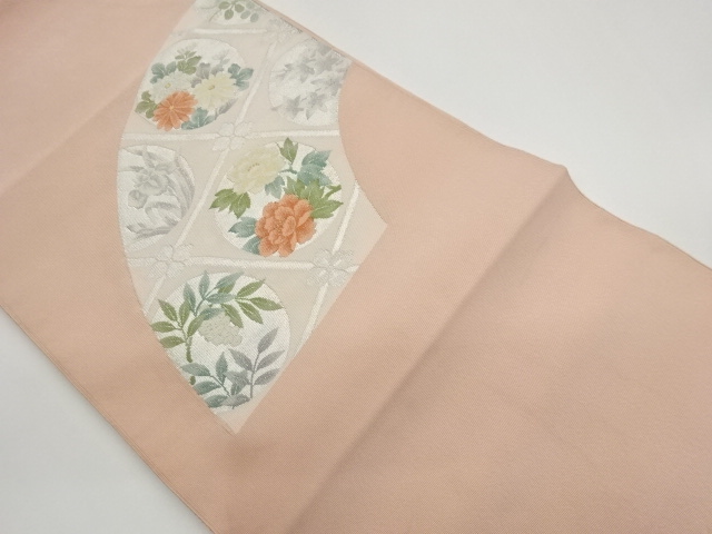 Nagoya obi with woven patterns of dashes, water chestnuts, and flowers and leave